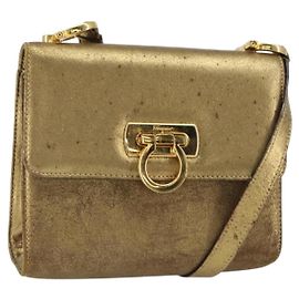 Borsa a Spalla Gancini in Pelle Salvatore Ferragamo, Tonalità Oro, Autentica BA9316