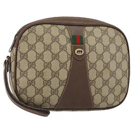 GUCCI GG Supreme Web Sherry Line Clutch Bag Beige Oro 156 01 034 Auth 159359