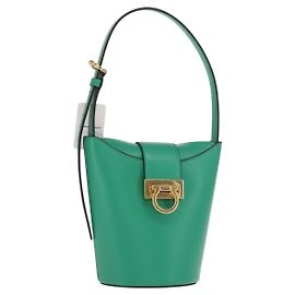 Borsa a mano in pelle Gancini trifolio Salvatore Ferragamo verde oro Auth am10228V