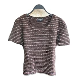 Top Chanel a maniche corte in maglia lavorata a maglia cioccolato e avorio