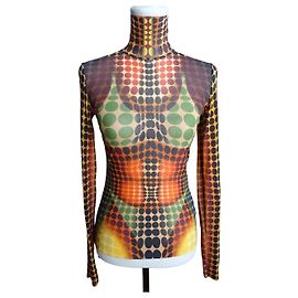 Jean Paul Gaultier Cyber Print Mesh Shirt M Top Long Sleeve Orange-Multicolor