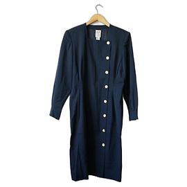 Céline Kleid aus marineblauer Wolle mit Schulterpolstern