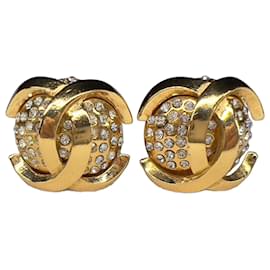Orecchini a clip con logo CC Chanel raro in strass dorati