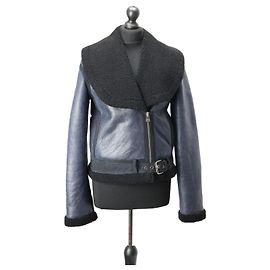 JW Anderson Bikerjacke aus navy Leder mit Pelzdetails
