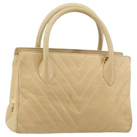 CHANEL Borsa a Mano V Stitch Pelle Beige Oro CC Auth BA9348