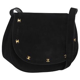 Borsa a spalla Vala in suede nero e oro Auth BA9286 di Salvatore Ferragamo