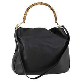 Bolso de mano de cuero GUCCI Bamboo 2 en 1 Negro Oro 001 1577 Auth 155243
