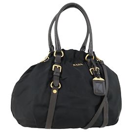 PRADA Bolso de mano de nylon cuero 2 en 1 negro dorado Auth 156149