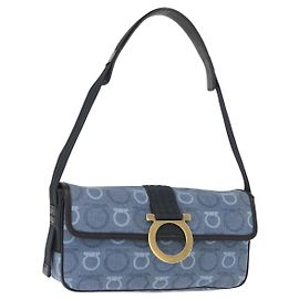 Borsa a Spalla Gancini Salvatore Ferragamo in Tela Blu Navy e Oro Auth BA9259V