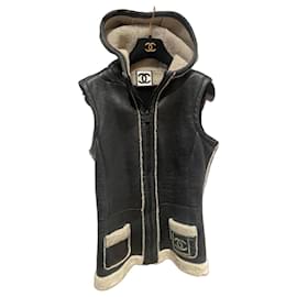 Giacca Chanel senza maniche in pelle e lana marrone scuro