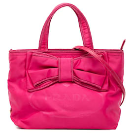Borsa Prada in tessuto canapa rosa con logo e fiocco