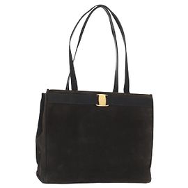 Borsa Tote Salvatore Ferragamo in suede nero e oro Auth BA9344