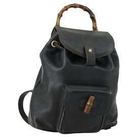 Mochila de Cuero Gucci Bamboo Negra Dorada 003 2034 0030 Auth 156417