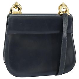 Borsa a Spalla Salvatore Ferragamo in Pelle Blu Navy Oro Auth ka1235