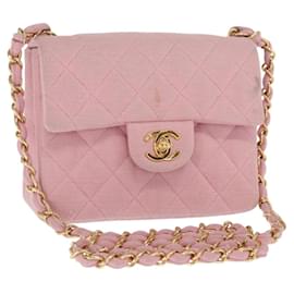 CHANEL Mini Matelassé 17 Bolsa de Ombro com Corrente Algodão Rosa Ouro CC Auth 159216