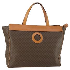 Céline Bolso tote de lona Macadam CELINE en cuero PVC marrón dorado Auth ki6248