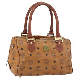 MCM Vicetos Logogram Bolso de Mano de Cuero PVC Marrón Dorado Auth gh1457