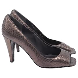  Stuart Weitzman Snakeskin Peep-Toe Pumps  in Brown Leather