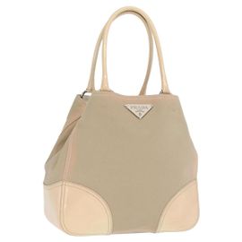 PRADA Tote Bag aus Canvas und Leder Beige Silber Authentisch 160268