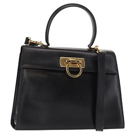Gancini Handtasche aus Leder Salvatore Ferragamo 2-Wege Schwarz Gold Auth gh1484