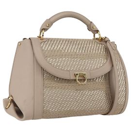 Salvatore Ferragamo Gancini Hand Bag Leather 2way Beige Gold Auth ka1275