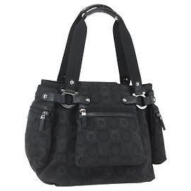 Borsa Tote Gancini in nylon nero e argento di Salvatore Ferragamo Auth BA9401