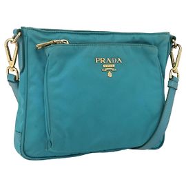 Borsa a Spalla PRADA Nylon Azzurro Chiaro Oro Auth 159589