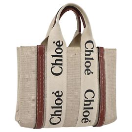 Chloé Woody La Tote Bag Toile Cuir Beige Marron Auth ka1346