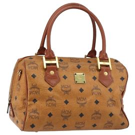 MCM Vicetos Logogram Borsa a Mano PVC Pelle Marrone Oro Auth gh1458