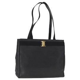 Salvatore Ferragamo Vala Tote Tasche aus Leder Schwarz Gold Auth gh1481