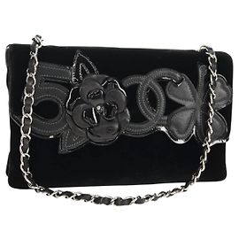 Borsa a Spalla CHANEL Catena COCO Marchio Camelia Velluto Nero Argento CC Auth 149585V