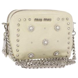Bolso de hombro de cuero Miu Miu con cadena crema plata Auth yk19775