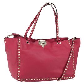 VALENTINO Bolsa Tote de Couro com Estrelas Rock 2 em 1 Rosa Dourado Auth BA9403