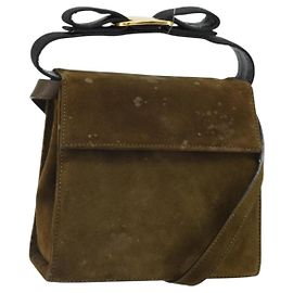 Borsa a Spalla Salvatore Ferragamo Vala in Pelle Scamosciata 2 in 1 Verde Oro Auth BA9381
