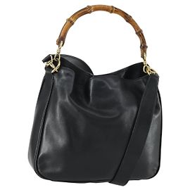 Bolsa de mão em couro Gucci Bamboo 2way Preto Dourado 001 1638 2615 Auth 156944