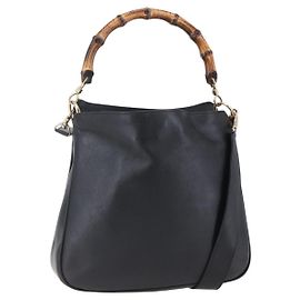 Bolsa de mão em couro GUCCI Bamboo 2 em 1 Preto Ouro 001 1998 1638 Auth 153369