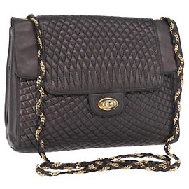 BALLY Bolso de Hombro de Cadena Cuero Negro Dorado Auth 161547