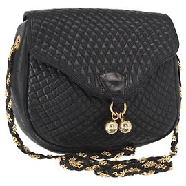 BALLY Bolso de Hombro de Cadena Cuero Negro Dorado Auth 161473