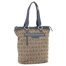 Bulgari BVLGARI Logo Mania Tote Bag Canvas Beige Gold Auth hk3330