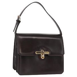 Borsa a mano GUCCI in pelle marrone scuro con dettagli dorati Auth 161217