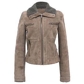 Theory Giacca con zip in suede marrone con fodera in shearling e tasche