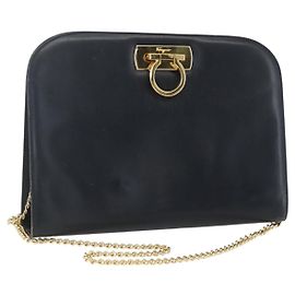 Sac à bandoulière en cuir Gancini Chain de Salvatore Ferragamo, bleu marine, doré, authentique 160932