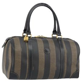 Borsa Boston in tela Pecan FENDI PVC Nero Marrone oro Auth 160096