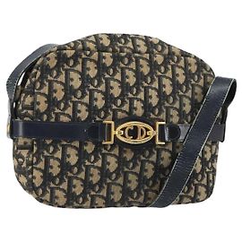 Borsa a Spalla in Tela Trotter Christian Dior Blu Navy Oro Auth 162249