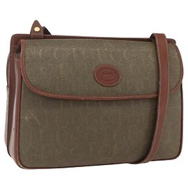 GUCCI Schultertasche Leder Canvas Braun Gold Auth 160596