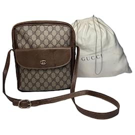 Vintage Gucci Monogramm Leder Schultertasche Grau / Braun