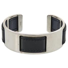 Hermes Black and Silver Leather Metal Bangle Bracelet - Hermès