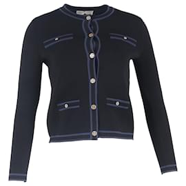 Tory Burch Kendra Knopf-Down Logo Cardigan aus schwarzer Wolle