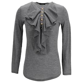Grauer Wollpullover mit Rüschendetails von Balmain