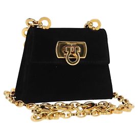 Pochette à épaule Gancini en chaîne Salvatore Ferragamo en daim noir et or Auth 161208